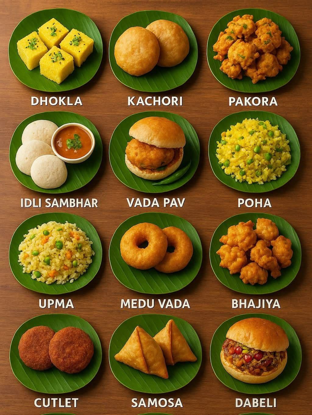 Assorted Indian snacks including samosas, vada, and bhaji served during tea-time
